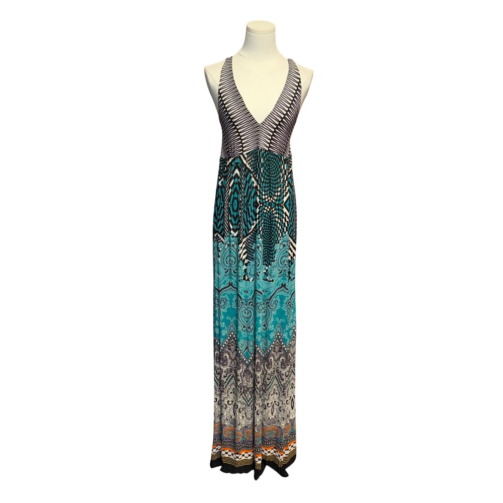 Silvergate Maxi Dress Womens Large Teal Black Good Boho Geometric Paisley V-Neck